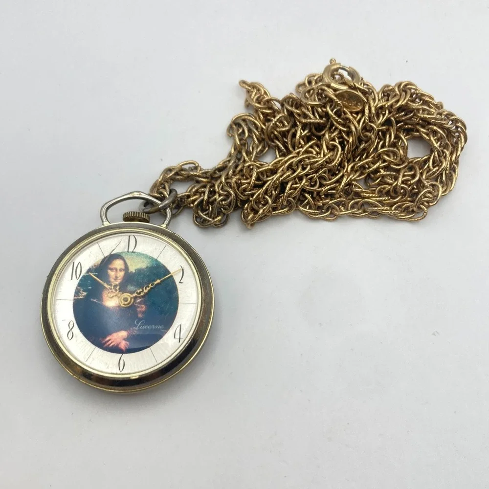 Vintage Lucerne Necklace Pendant Watch Mona Lisa Gold Tone Swiss Manual Wind Up